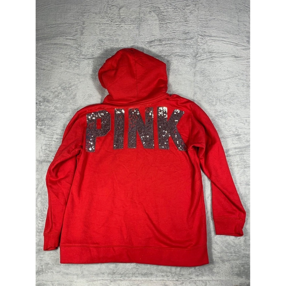 Pink Victoria's Secret Red Sequin Logo Pullover Hoodie Women's Size M